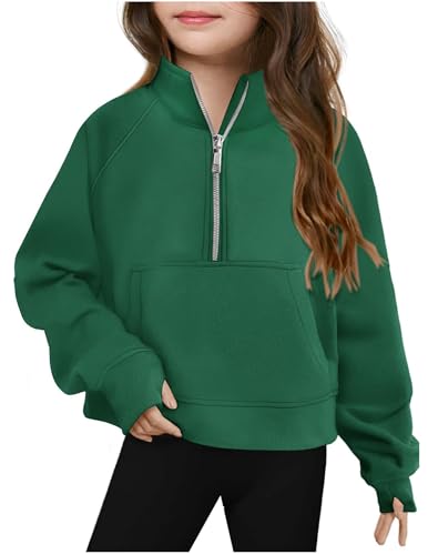 Mädchen Sweatshirt Langarmshirt Pullover Halber Reißverschluss Kurzer Kinder Kleidung Stand Kragen Langarm Fleece Kapuzenjacke mit Taschen Daumenloch 5-14 Jahre Oberteile Lässige Casual Tops von CSKJ