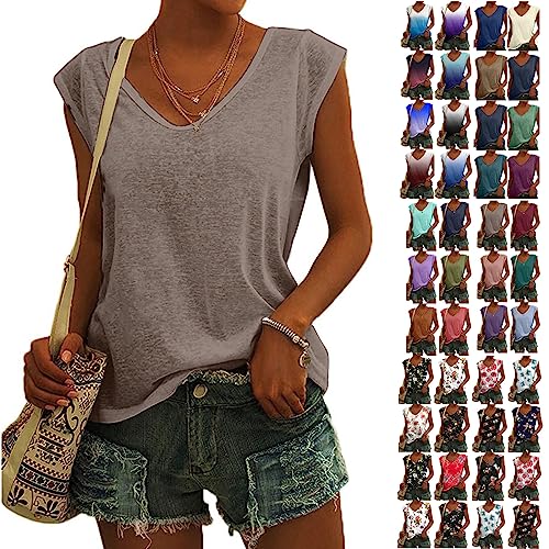 Maifeiertag Angebote - Bluse Damen Elegant Ärmellos T-Shirt Einfarbig Frauen Kleidung Tops Shirt Lässig Frau Oberteile Sommer Tshirt V-Ausschnitte Klamotten Teenager Mädchen, Braun, XXL von CSKJ