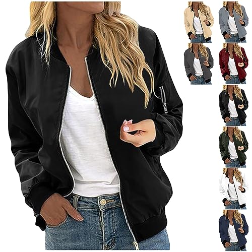 Mantel Damen Winter - Damen Bomberjacke Casual Kurze Pilotenjacke Langarm Outwear Zip Up Bomber Jacket Solid Leichte Coat Herbst Sweatjacke Frühling Übergangsjacke, Schwarz, XXL von CSKJ