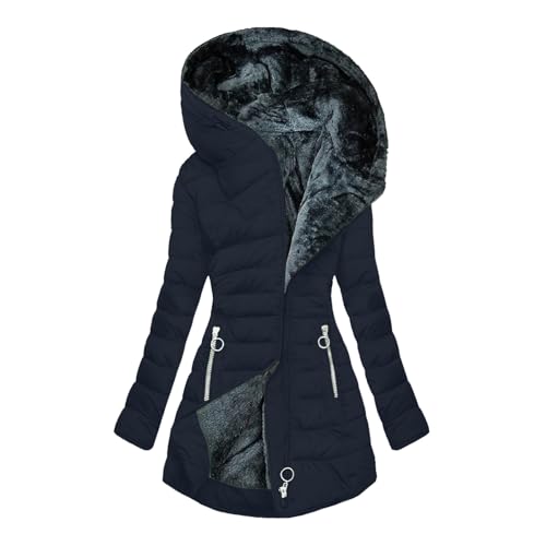 Mantel Frauen Wintermantel Warme Winter Jacke Lange Mäntel Einfarbig Winterjacke mit Kapuze Windbreaker Gefüttert Teddyfell Dicker Fleecejacke Mode Outdoorjacke Slim fit Winterparka, Marineblau, M von CSKJ