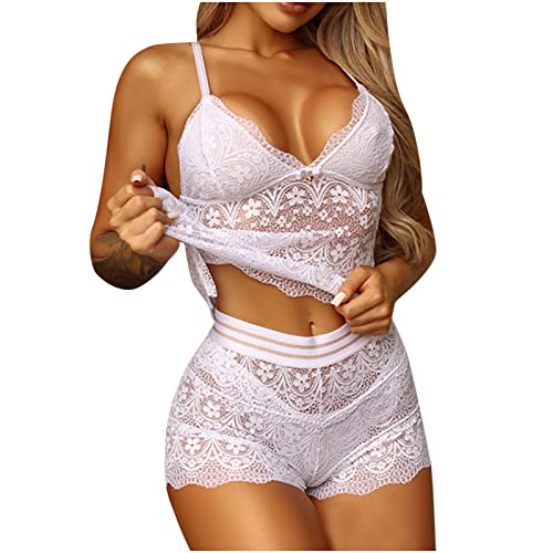 Negligee Damen Sexy Schlafanzug Damen Sexy Pyjama Set Nachtwäsche Kurz Hausanzug Spitzen Cami Top und Shorts Negligee V-Ausschnitt Loungewäsche Sleepwear Schlafanzüge, weiß, M von CSKJ