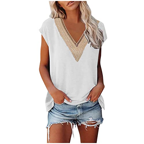 Nikolaustag Angebote - Damen Bluse Elegant Ärmellos T-Shirt V-Ausschnitte mit Spitzen Einfarbig Frauen Tops Shirt Frau Oberteile Sommer Tshirt Casual Klamotten Teenager Mädchen, Weiß, M von CSKJ