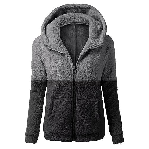 Outdoor Jacken Für Damen - Fleecejacke Damen Kapuzenpullover Hoodie mit Zipper Teddyjacket Sweatshirt Basic Kapuzenjacke Causal Sweatjack Plüschjack Jacket Winter Warm Einfarbig Hoodies, grau, L von CSKJ