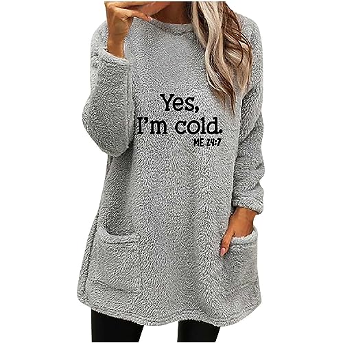 Outlet Sale Damen Teddy Fleece Sweatshirt mit Taschen Warmes Sherpa Gefüttertes Pullover Winter Casual Langarmshirt Oberteile Einfarbig Thermounterwäsche, Grau, 3XL von CSKJ