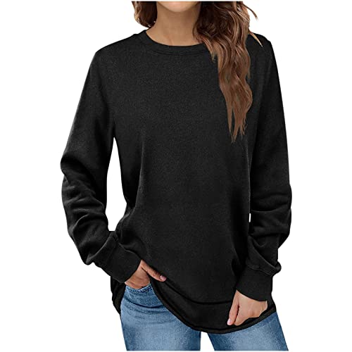 Oversize Hoodie Damen - Sweatshirt Damen Pullover Solide Rundhals Langarmshirt Pulli Herbst Winter Casual Locker Oberteile Sport Streetwear Sweatshirts ohne Kapuze Shirts Tops, Schwarz, XXL von CSKJ