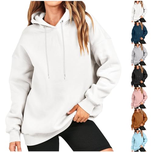 Oversize Pullover Damen - Damen Kapuzenpullover Langarm Hoodie Pulli Mode Casual Sweatshirt Teenager Mädchen Herbst Winter Warme Oberteile mit Kapuze Kordel Übergangsjacke Outdoorjacke, weiß, L von CSKJ