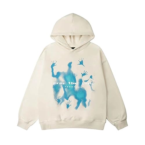 Oversized Hoodie - Herren Pullover Hoodie Oversize Vintage Hooded Sweatshirt Damen Cartoon Graphic Letter Print Kapuzenpullover Bluse Sweater Hoodies Blusen Pulli Kuschelpullover, Weiß, L von CSKJ