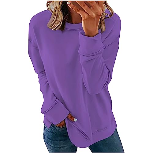 Parka Damen Winter - Pullover Damen Sweatshirt Langarm Rundhals Pulli Herbst Winter Frauen Plain Locker Casual Oberteil Sport Streetwear Sweatshirts ohne Kapuze Bluse Tops, Lila, L von CSKJ