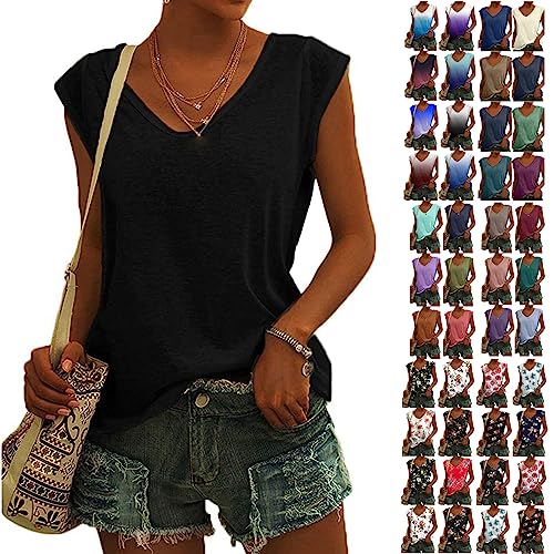 Party Oberteile Frauen - Bluse Damen Elegant Ärmellos T-Shirt Einfarbig Frauen Kleidung Tops Shirt Lässig Frau Oberteile Sommer Tshirt V-Ausschnitte Klamotten Teenager Mädchen, Schwarz, XXL von CSKJ