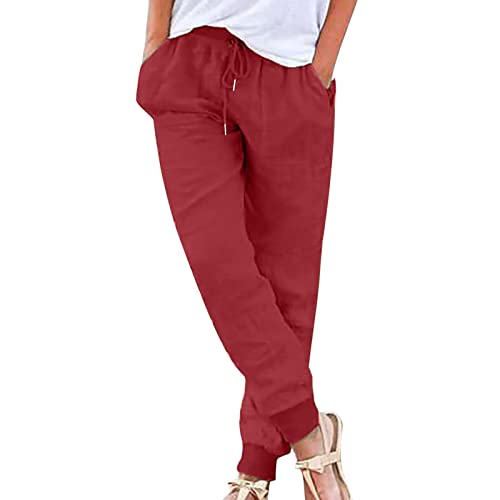 Plissee Hose - Hose Damen Sommer Casual Baumwolle Leinen Stoffhose Einfarbig Freizeithose Stretch Leicht Leinenhose Straight Leg Hose und Taschen, Rot, S von CSKJ