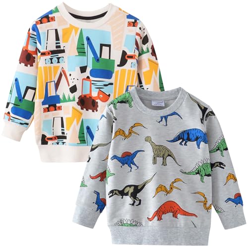 Pullover 128 Jungen - Sweatshirts Jungen Langarm Pullover Baumwolle Kinder Dinosaurier Shirts Sport T-Shirt Langarmshirt Activewear ohne Kapuze Warm Winter Frühling Herbst Oberteile Tops 2-7 Jahre von CSKJ