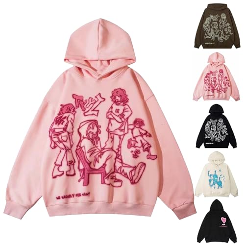 Pullover Damen Winter - Herren Pullover Hoodie Oversize Vintage Hooded Sweatshirt Damen Cartoon Graphic Letter Print Kapuzenpullover Bluse Sweater Hoodies Blusen Pulli Kuschelpullover, Rosa, M von CSKJ