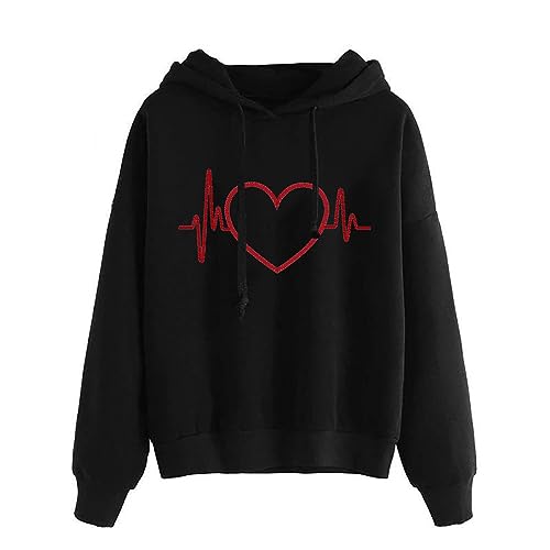 Pullover für Damen - Sweatshirts für Damen Kapuzenpullover Kapuze Solid Hoodie Festliche Süß Sportshirt Lässig Mantel Wärmer Jacken Y2k Sweatshirtjacke Leicht Herzprint Pulli Oversize, Schwarz, M von CSKJ