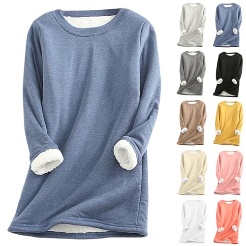 Sale Damen - Damen Teddy Fleece Sweatshirt Warme Sherpa Gefüttertes Pullover Herbst Winter Casual Pulli Langarmshirt Oberteile Tops Rundhals Einfarbig Thermounterwäsche, blau, M von CSKJ