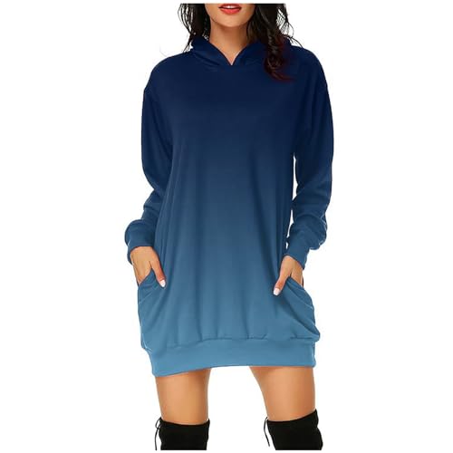 Sale Damen Hoodie Damen Lang Casual Langarm Pullover Sweatshirt mit Kapuze Taschen Lose Kapuzenpullover Mini Kleid Elegante Herbst Winter Oversized Pulloverkleider Hoodie Kleid, Marineblau, XXL von CSKJ