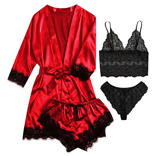 Sexy Unterwäsche Für Frau Satin Pyjama Damen Kurz 4-teiliges Schlafanzug Kurzarm Nachtwäsche Cami and Shorts Set Frauen Kurze Robe mit Gürtel Hausanzug Loungewear, rot, XL von CSKJ