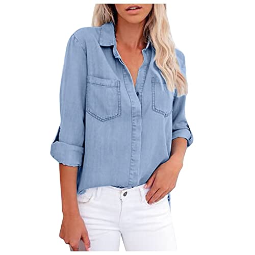 Sommer Bluse Damen Elegant Jeansbluse Langarmshirt Damen V Ausschnitt Shirt Langarm Damen Oversized Tshirt Damen Y2k Top Oberteile Damen Streetwear Crop Top Frühling Kostüm Damen von CSKJ