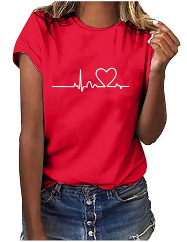 Sommer T-Shirt Damen Basic T Shirt Bedrucken Rundhalsausschnitt Weiß Oberteile Baumwolle Casual Damen Locker Kurzarm Bluse Tops Sportshirt von CSKJ