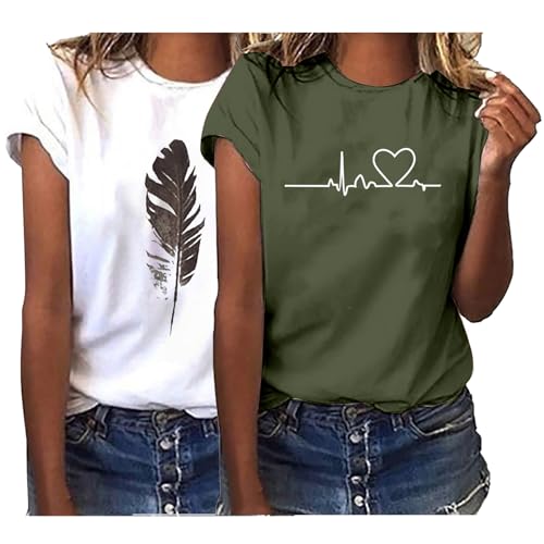 Sommer T-Shirt Damen Basic T Shirt Bedrucken Rundhalsausschnitt Weiß Oberteile Baumwolle Casual Damen Locker Kurzarm Bluse Tops Sportshirt von CSKJ