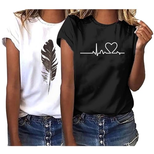 Sommer Tshirt Damen T-Shirt Basic Bedrucken Rundhalsausschnitt Oberteile Baumwolle Casual Damen Kurzarm Bluse Tops Elegant Sportshirt von CSKJ