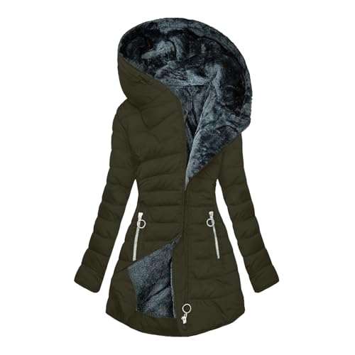 CSKJ Steppjacke Damen Warmer Lang Winterjacke Gefüttert Fleece Daunenjacke Baumwolle Elegant Pufferjacke Langarm Casual Fleecejacke mit Kapuze Wintermantel Winter Outdoor Trachtenjacke von CSKJ