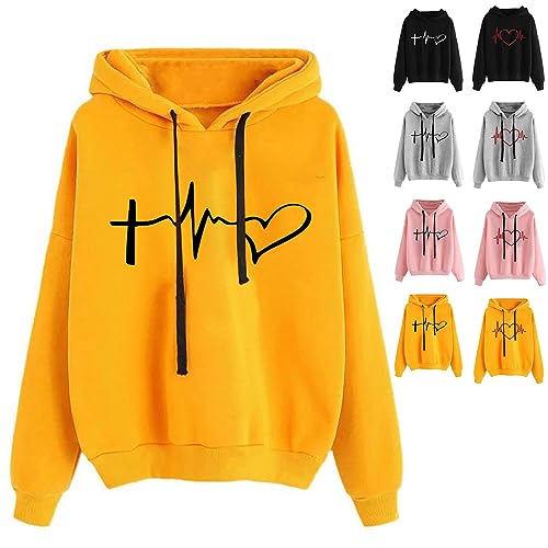 Stillpullover - Sweatshirts für Damen Kapuzenpullover Kapuze Solid Hoodie Festliche Süß Sportshirt Lässig Mantel Wärmer Outdoor Jacken Y2k Sweatshirtjacke Herzdruck Pulli Oversize, Gelb, S von CSKJ