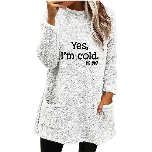 Strickpullover Damen Damen Teddy Fleece Sweatshirt mit Taschen Warmes Sherpa Gefüttertes Pullover Winter Casual Langarmshirt Oberteile Einfarbig Thermounterwäsche, Weiß, M von CSKJ