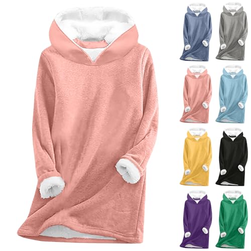 Teddyjacke Damen - Hoodie Damen Kapuzenpullover Teddy Fleece Sweatshirt Warmes Sherpa Gefüttertes Pullover mit Kapuze Winter Casual Langarmshirt Oberteile Einfarbig Thermounterwäsche, rosa, XXL von CSKJ