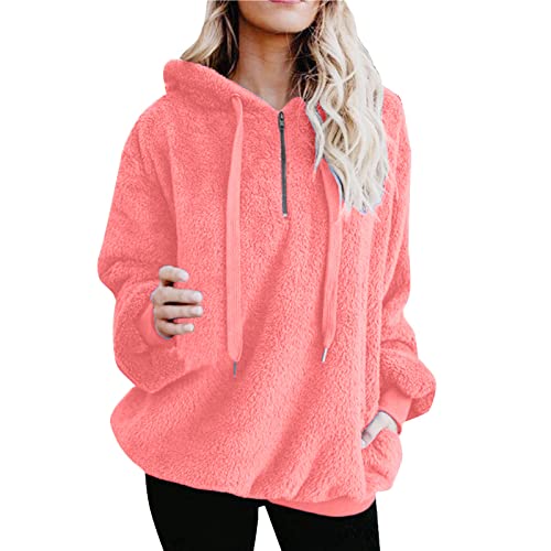 Trenchcoat Damen - Hoodie Damen Kapuzenpullover Teddy-Fleece Pullover Herbst Winter Warm Oberteil Langarm Einfarbig Casual Sweatshirt Hoodie Plüschjacke, rosa, XL von CSKJ