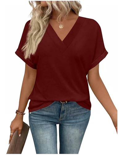 Tshirt Damen Elegant Oberteile Kurzarm V-Ausschnitt Shirts Sommer Oversize T Shirt Weiss Bluse Casual Flügelärmel Basic Top Locker Frauen Schwarz Grau Sportshirt Alltag Kleidung Tuniken Blusen von CSKJ