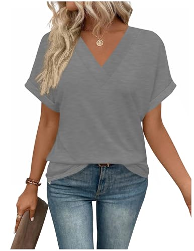 Tshirt Damen Elegant Oberteile Kurzarm V-Ausschnitt Shirts Sommer Oversize T Shirt Weiss Bluse Casual Flügelärmel Basic Top Locker Frauen Schwarz Grau Sportshirt Alltag Kleidung Tuniken Blusen von CSKJ
