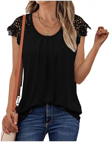 Tshirt Damen Elegant Rundhals Kurzarm Bluse Mit Spitze Ärmel Oversize T Shirt Sommer Casual Plissierte Top Einfarbig Basic T-Shirt Sportshirt Locker Schwarz Weiss Oberteile Lässige Kleidung Tuniken von CSKJ