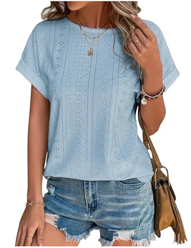 Tshirt Damen Elegant Rundhals Kurzarm Oversize T Shirt Weiss Bluse Sommer Casual Lochstickerei Top Basic T-Shirt Sportshirt Locker Frauen Schwarz Grau Oberteile Alltag Kleidung Lässige Tuniken Blusen von CSKJ