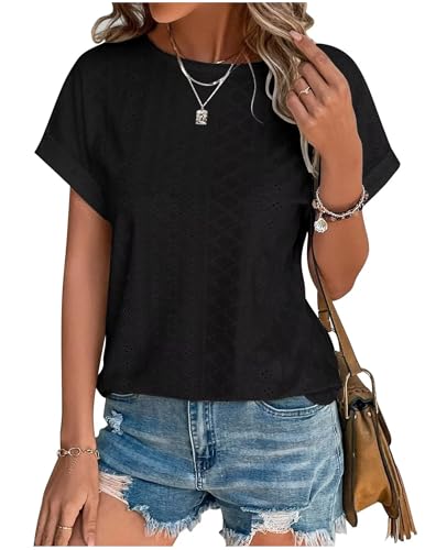 Tshirt Damen Elegant Rundhals T-Shirt Weiss Bluse Kurzarm Shirt Sportshirt Locker Frauen Schwarz Grau Oberteile Sommer Alltag Basic Top Teenager Mädchen Kleidung Tuniken Blusen von CSKJ