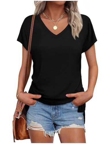 Tshirt Damen Elegant V-Ausschnitt Kurzarm Oversize T Shirt Weiss Bluse Sommer Casual Flügelärmel Top Locker Basic T-Shirt Sportshirt Frauen Schwarz Oberteile Alltag Teenager Mädchen Kleidung Tuniken von CSKJ