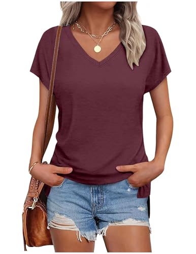 Tshirt Damen Elegant V-Ausschnitt Shirts Sommer Kurzarm Oversize T Shirt Weiss Bluse Casual Flügelärmel Basic Top T-Shirt Sportshirt Locker Frauen Schwarz Grau Oberteile Alltag Kleidung Tuniken von CSKJ
