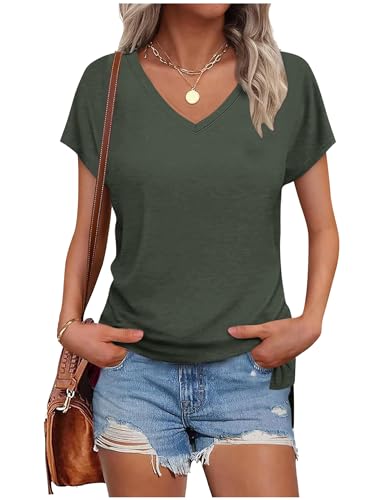 Tshirt Damen Elegant V-Ausschnitt Shirts Sommer Kurzarm Oversize T Shirt Weiss Bluse Casual Flügelärmel Basic Top T-Shirt Sportshirt Locker Frauen Schwarz Grau Oberteile Alltag Kleidung Tuniken von CSKJ