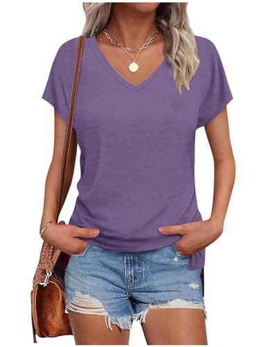 Tshirt Damen Elegant V-Ausschnitt Shirts Sommer Kurzarm Oversize T Shirt Weiss Bluse Casual Flügelärmel Basic Top T-Shirt Sportshirt Locker Frauen Schwarz Grau Oberteile Alltag Kleidung Tuniken von CSKJ