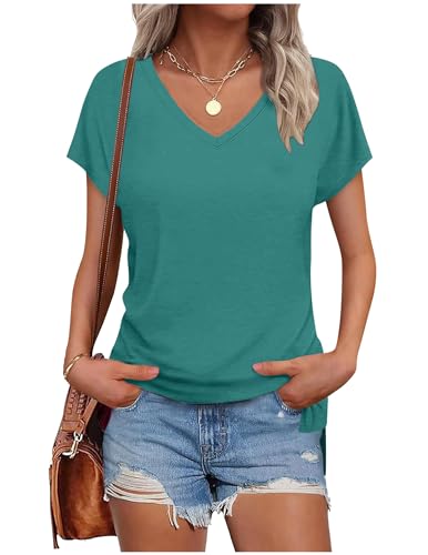 Tshirt Damen Elegant V-Ausschnitt Shirts Sommer Kurzarm Oversize T Shirt Weiss Bluse Casual Flügelärmel Basic Top T-Shirt Sportshirt Locker Frauen Schwarz Grau Oberteile Alltag Kleidung Tuniken von CSKJ