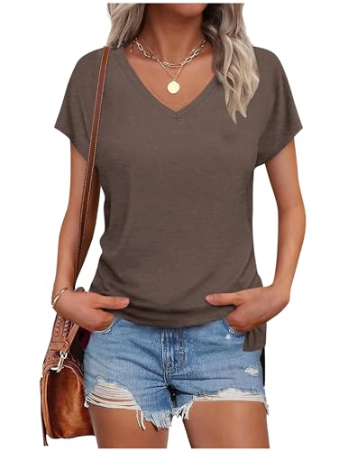 Tshirt Damen Elegant V-Ausschnitt Shirts Sommer Kurzarm Oversize T Shirt Weiss Bluse Casual Flügelärmel Basic Top T-Shirt Sportshirt Locker Frauen Schwarz Grau Oberteile Alltag Kleidung Tuniken von CSKJ