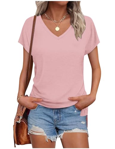 Tshirt Damen Elegant V-Ausschnitt Shirts Sommer Kurzarm Oversize T Shirt Weiss Bluse Casual Flügelärmel Basic Top T-Shirt Sportshirt Locker Frauen Schwarz Grau Oberteile Alltag Kleidung Tuniken von CSKJ