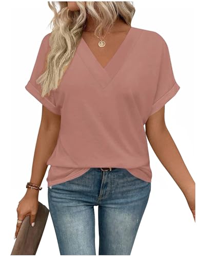 Tshirt Damen Elegant V-Ausschnitt Shirts Sommer Kurzarm Oversize T Shirt Weiss Bluse Casual Flügelärmel Basic Top T-Shirt Sportshirt Locker Frauen Schwarz Grau Oberteile Alltag Kleidung Tuniken von CSKJ