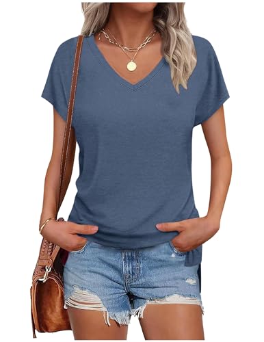 Tshirt Damen Elegant V-Ausschnitt Shirts Sommer Kurzarm Oversize T Shirt Weiss Bluse Casual Flügelärmel Basic Top T-Shirt Sportshirt Locker Frauen Schwarz Grau Oberteile Alltag Kleidung Tuniken von CSKJ