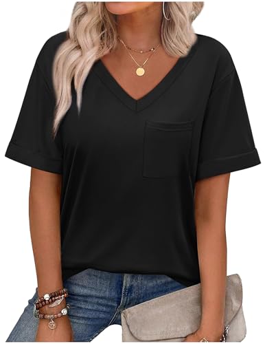 Tshirt Damen Elegant V-Ausschnitt T-Shirt Weiss Bluse Kurzarm Shirt Sportshirt Locker Frauen Schwarz Grau Oberteile Sommer Alltag Basic Top Teenager Mädchen Kleidung Tuniken Blusen von CSKJ
