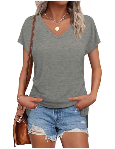 Tshirt Damen Elegant V-Ausschnitt T-Shirt Weiss Bluse Kurzarm Shirt Sportshirt Locker Frauen Schwarz Grau Oberteile Sommer Alltag Basic Top Teenager Mädchen Kleidung Tuniken Blusen von CSKJ