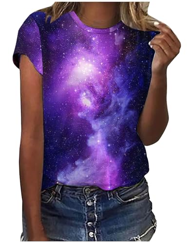 Tshirt Damen Galaxie Drucken Bluse Kurzarm Rundhalsausschnitt T-Shirt Locker Frauen Oberteile Sommer Alltag Crop Top Sport T-Shirts Teenager Mädchen Kleidung Y2k Sommerkleidung Damen von CSKJ