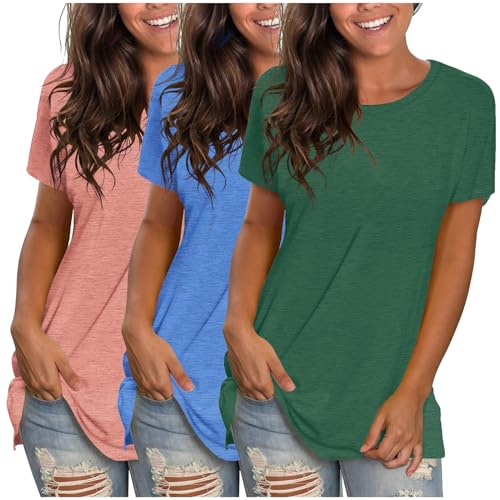 Tshirt Damen Lässige Druck Oberteile Pullover T-Shirt Einfarbiges Basic Shirt Rundhals Kurzarm Sommer Tops Lockere All-Match Tunika Bluse Laufshirt Sportshirt von CSKJ