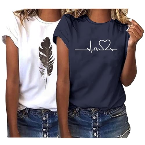 Tshirt Damen Lässige Druck Oberteile Pullover T-Shirt Einfarbiges Basic Shirt Rundhals Kurzarm Sommer Tops Lockere All-Match Tunika Bluse Laufshirt Sportshirt von CSKJ