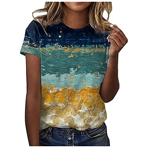 Tshirt Damen Lässige Oberteile Pullover T-Shirt Einfarbiges Basic Shirt Rundhals Kurzarm Sommer Tops Lockere All-Match Tunika Bluse Laufshirt Sportshirt von CSKJ