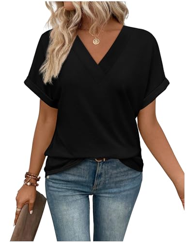 Tshirt Damen Oversize Shirt Damen Oberteile Sommer V-Ausschnitt Locker Basic Tops Kurzarm Tunika Elegant von CSKJ